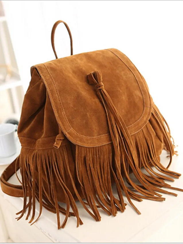 2023 New Western Women Tassel Backpacks Girls Vintage Suede Shoulder Bag