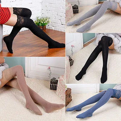 7 Colors Lace Stockings Women Knitting Lace Cotton Over Knee Thigh Stockings High Pantyhose Stay Up SM6