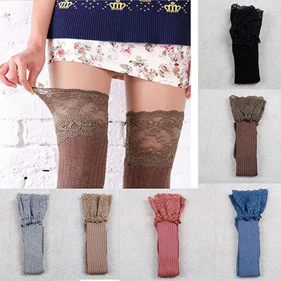 7 Colors Lace Stockings Women Knitting Lace Cotton Over Knee Thigh Stockings High Pantyhose Stay Up SM6