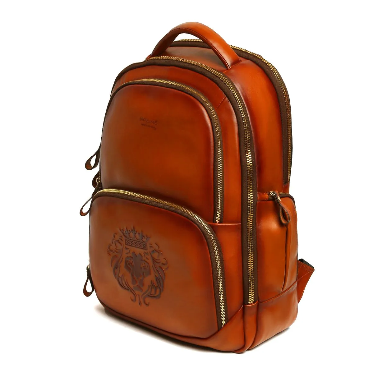 BCCI Team India Tan Leather Backpack With Embossed Lion Logo