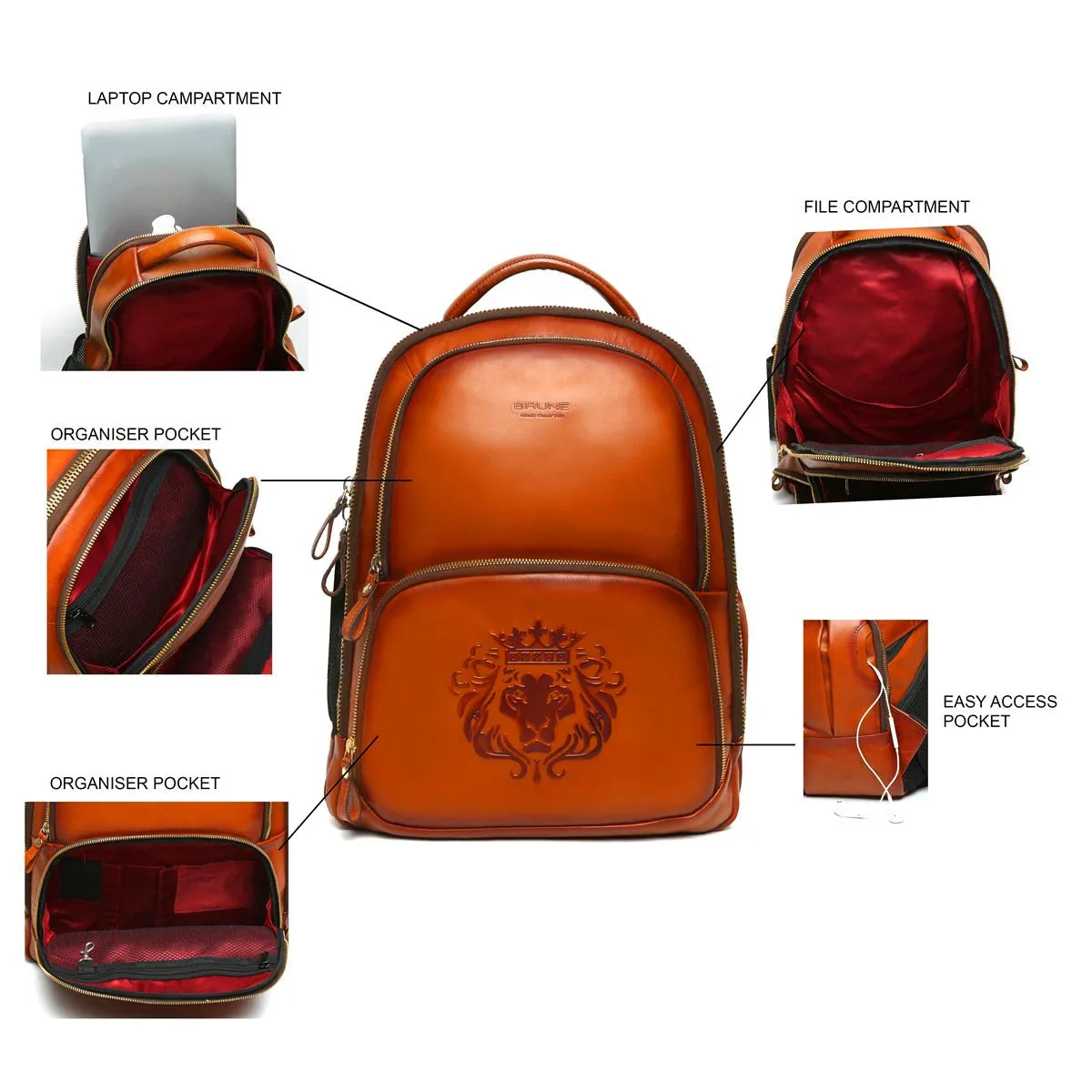 BCCI Team India Tan Leather Backpack With Embossed Lion Logo