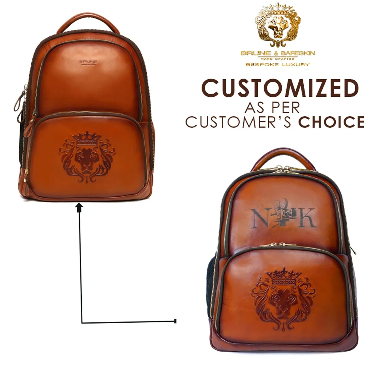 BCCI Team India Tan Leather Backpack With Embossed Lion Logo