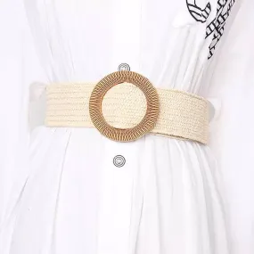 Beige Wide Striped Straw Round Buckle Belt