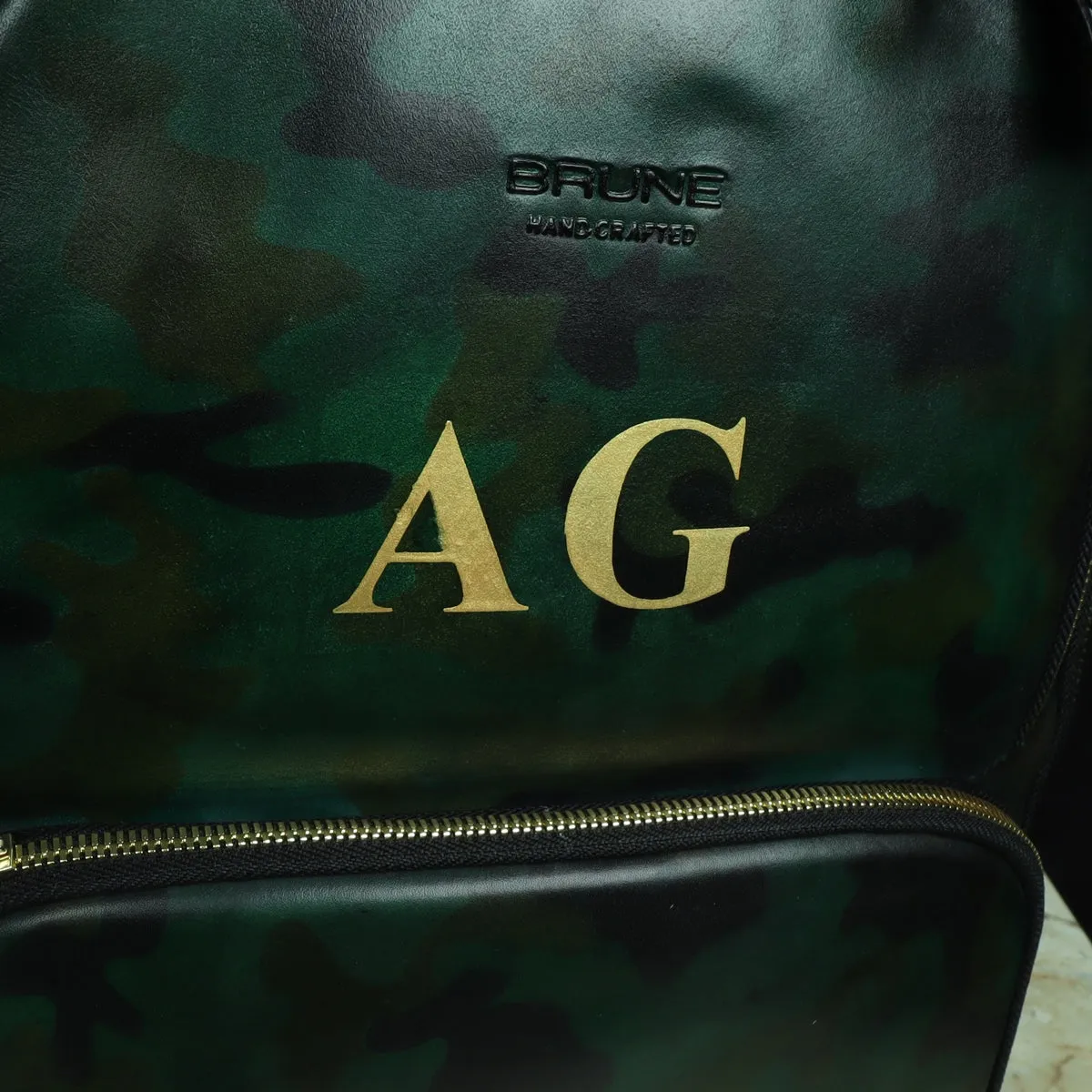 Bespoke Hand-Paint Name Initial Camo Finish Multi-Step Pockets Hand Painted Leather Backpack by Brune & Bareskin