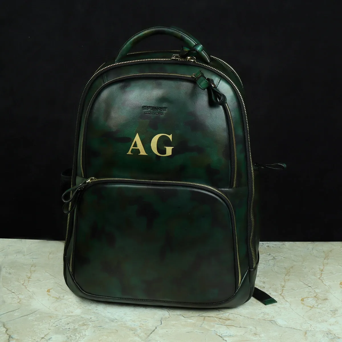 Bespoke Hand-Paint Name Initial Camo Finish Multi-Step Pockets Hand Painted Leather Backpack by Brune & Bareskin