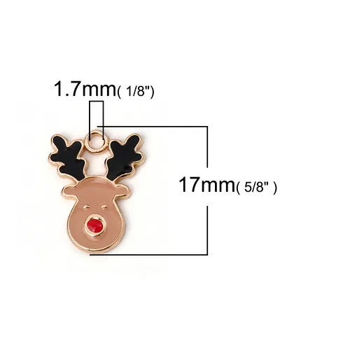 Charms, Christmas, Reindeer, Light Gold Plated, Red, Dark Salmon, Black, Enameled, 17mm