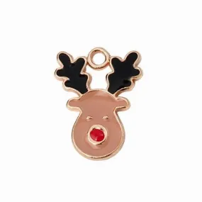 Charms, Christmas, Reindeer, Light Gold Plated, Red, Dark Salmon, Black, Enameled, 17mm