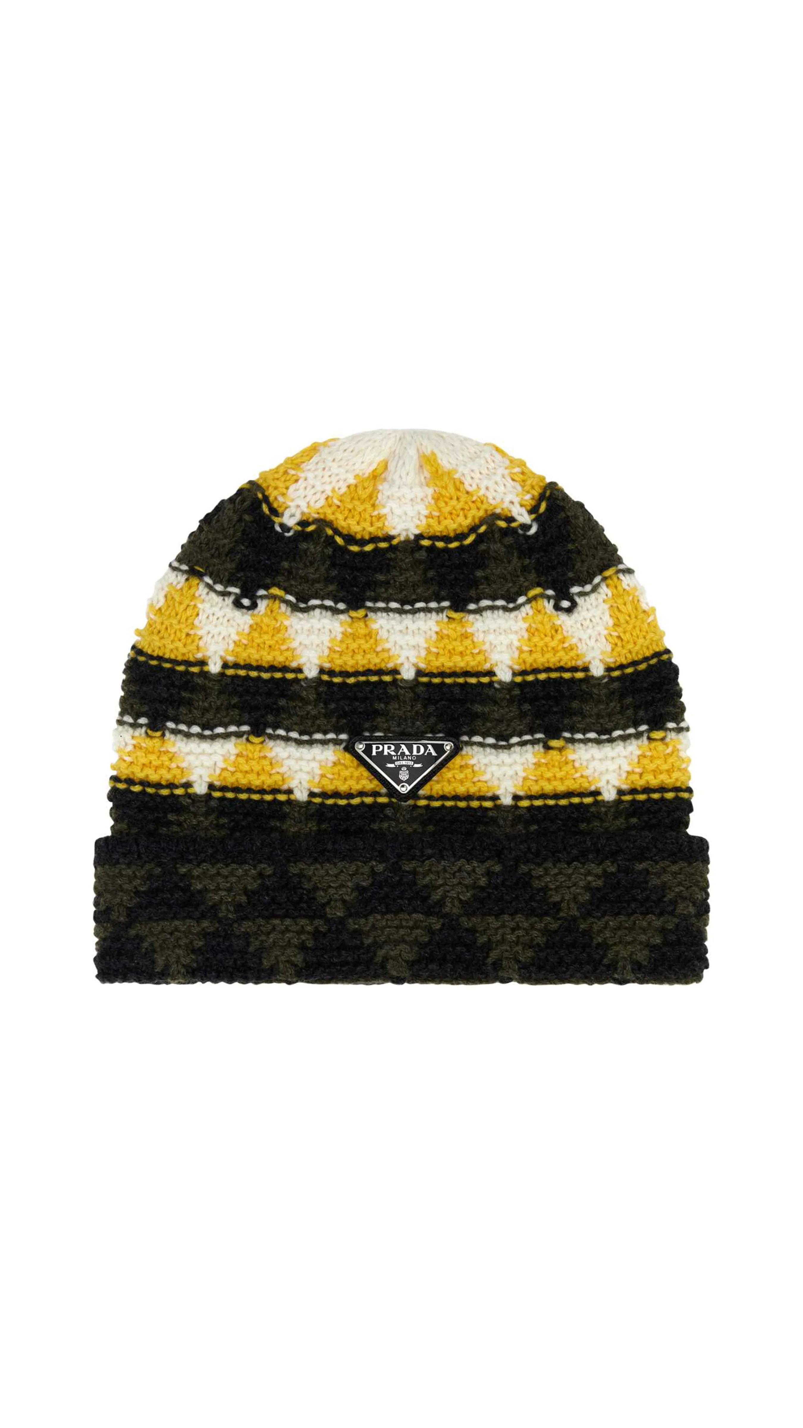 Crochet Knit Beanie - White/Yellow/Green/Black