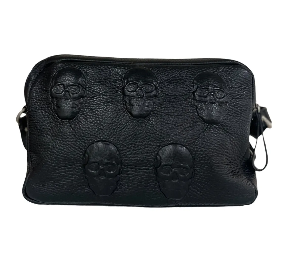 Embossed Skull Leather Double Zip Crossbody