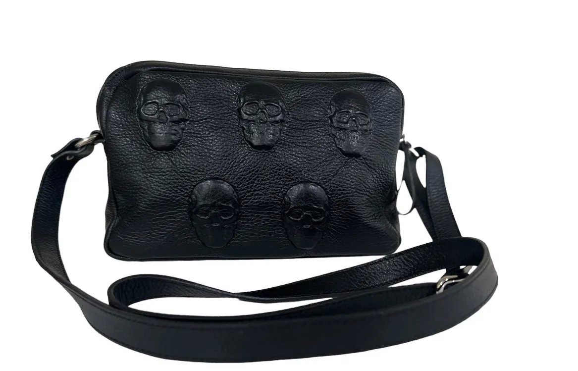 Embossed Skull Leather Double Zip Crossbody