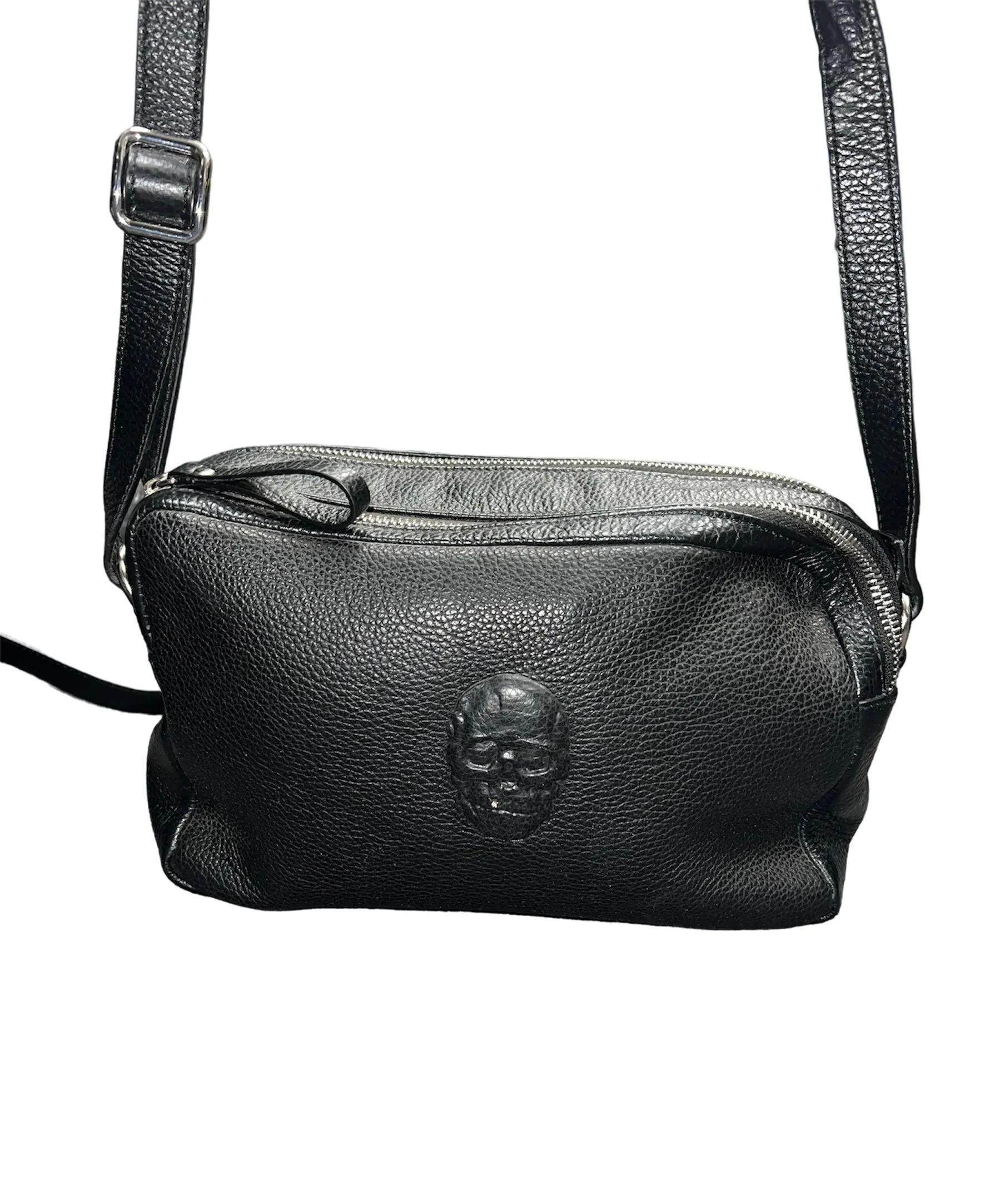 Embossed Skull Leather Double Zip Crossbody