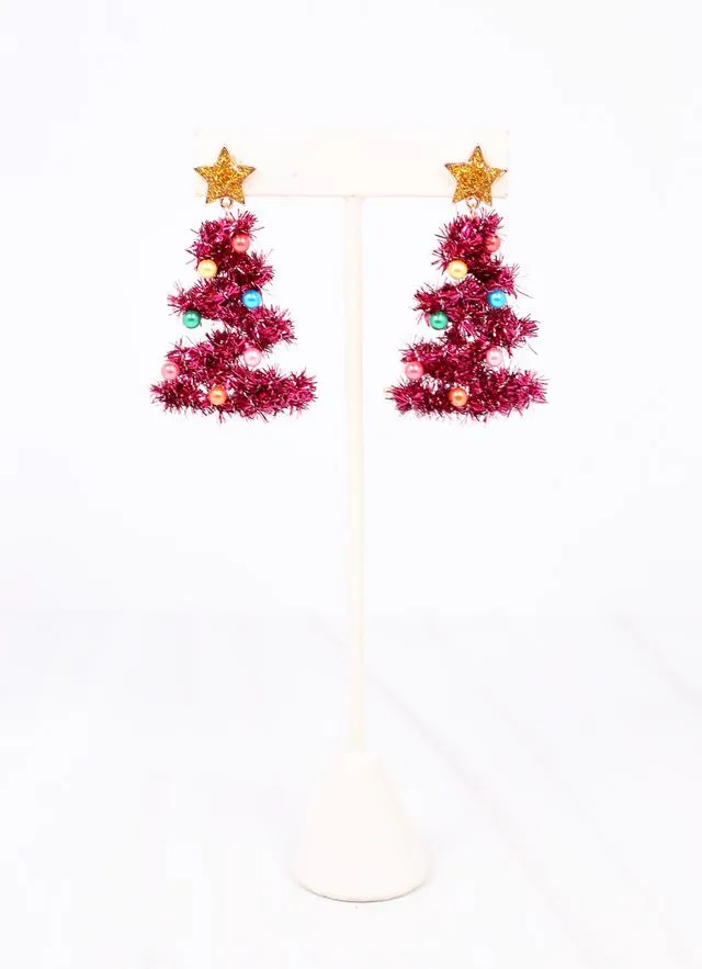 Festive Tinsel Tree Earring FUCHSIA