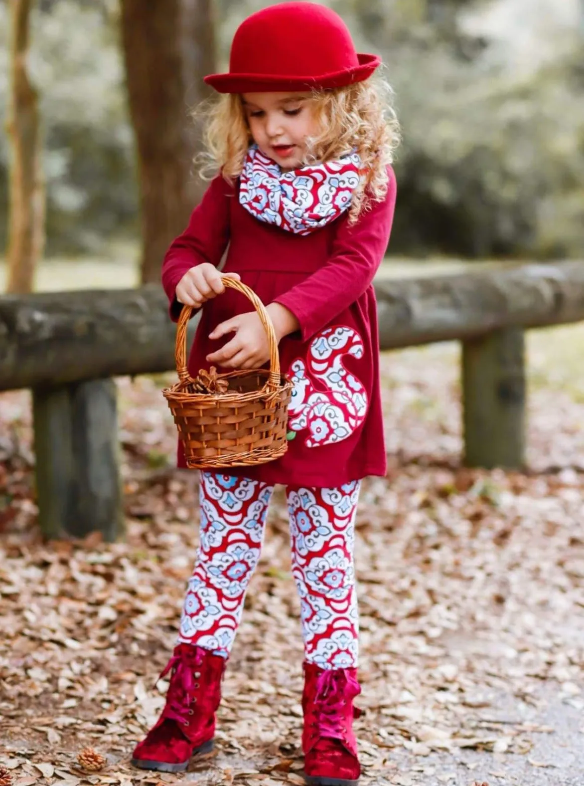 Girls Burgundy Long Sleeve Squirrel Applique Tunic, Medallion Print Leggings And Scarf Set