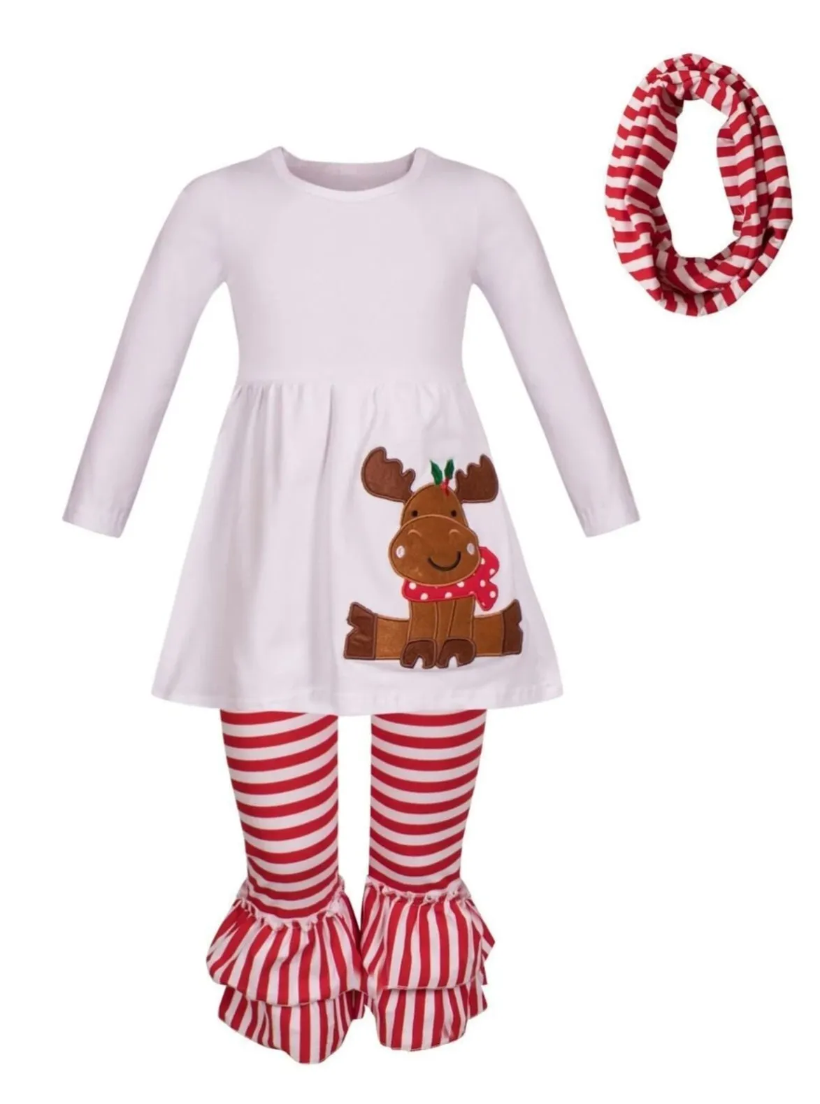 Girls Winter Themed Long Sleeve Moose Applique Tunic, Striped Ruffled Leggings And Scarf Set