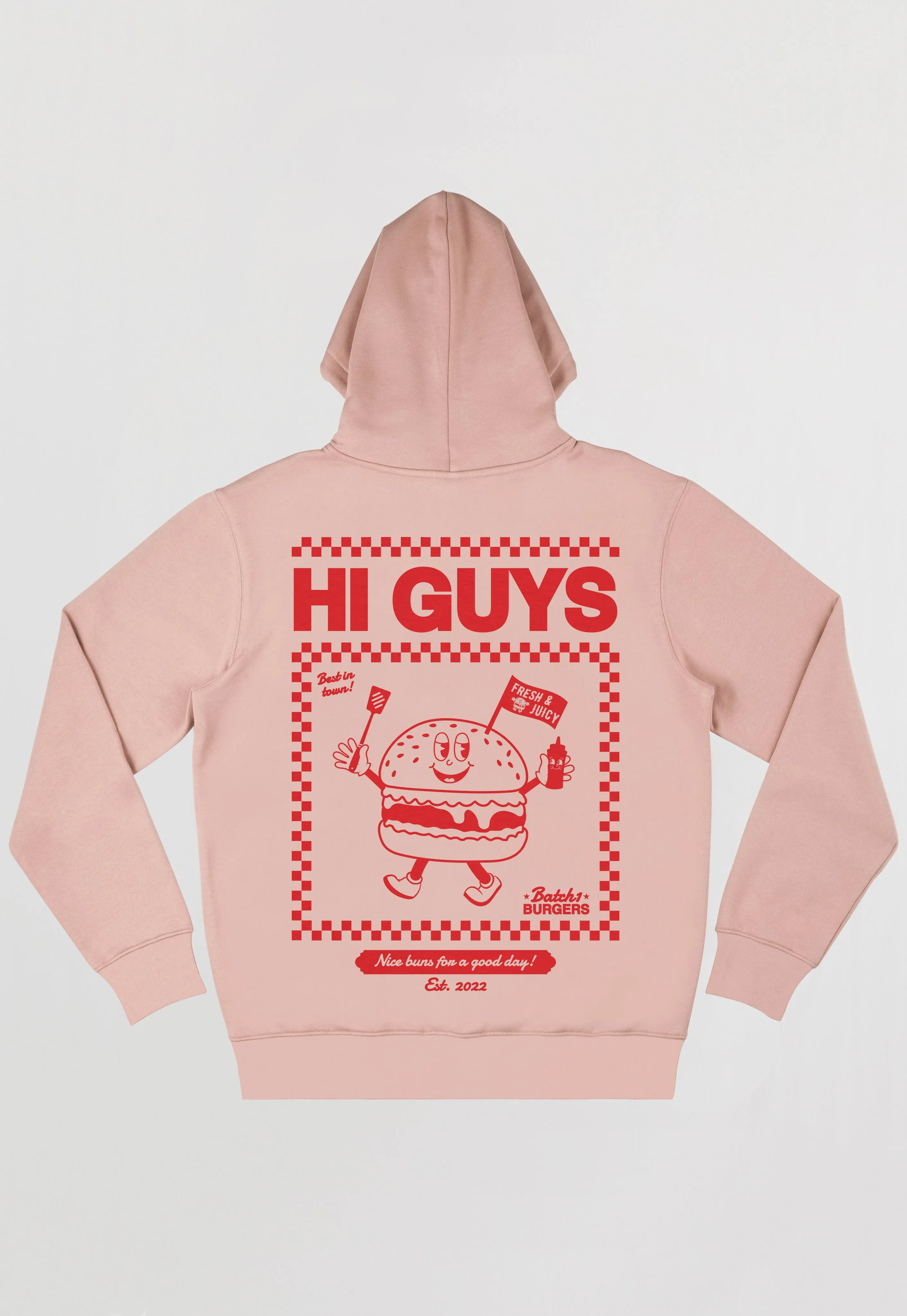 Hi Guys Peach Hoodie with Burger Graphic