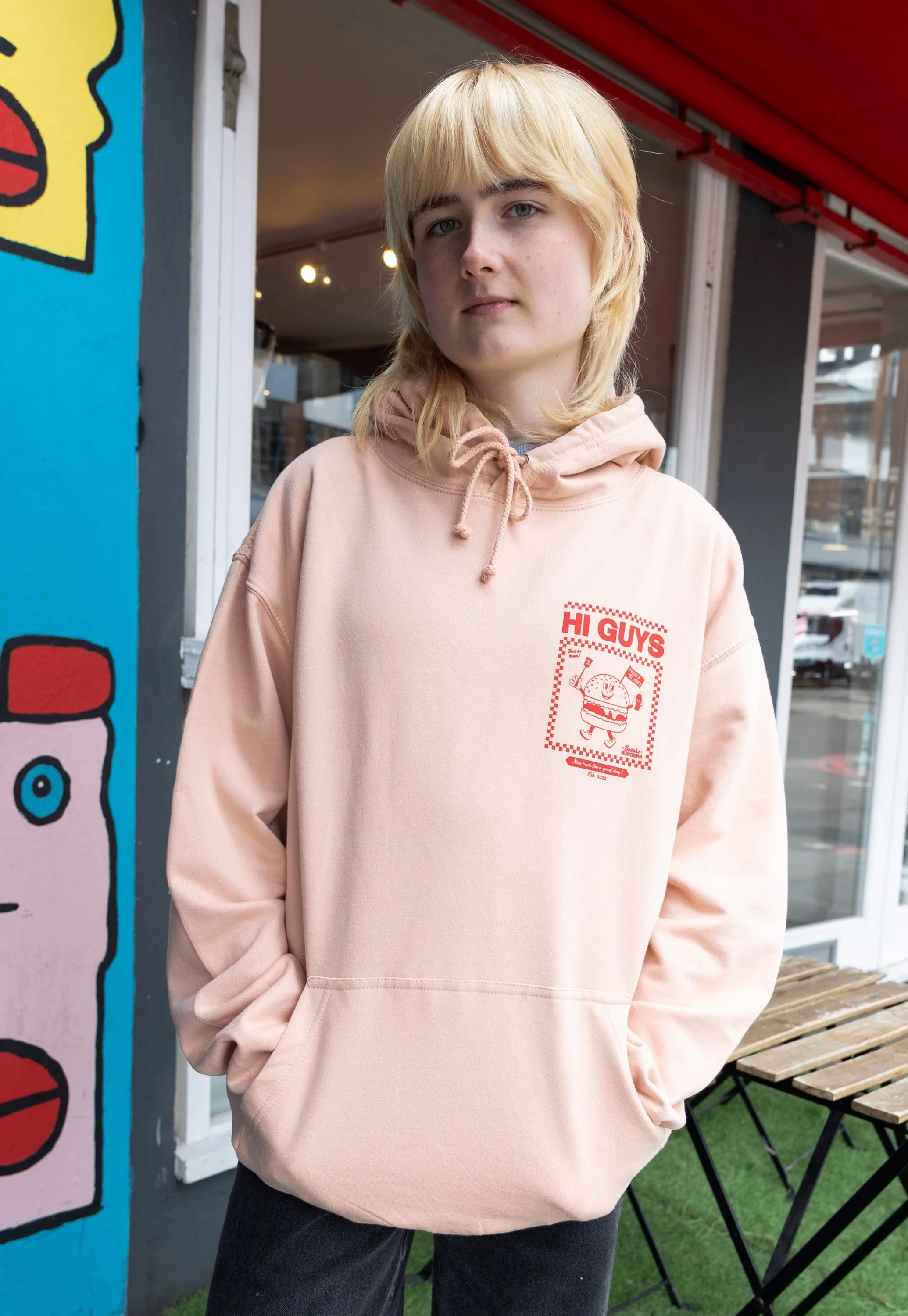 Hi Guys Peach Hoodie with Burger Graphic