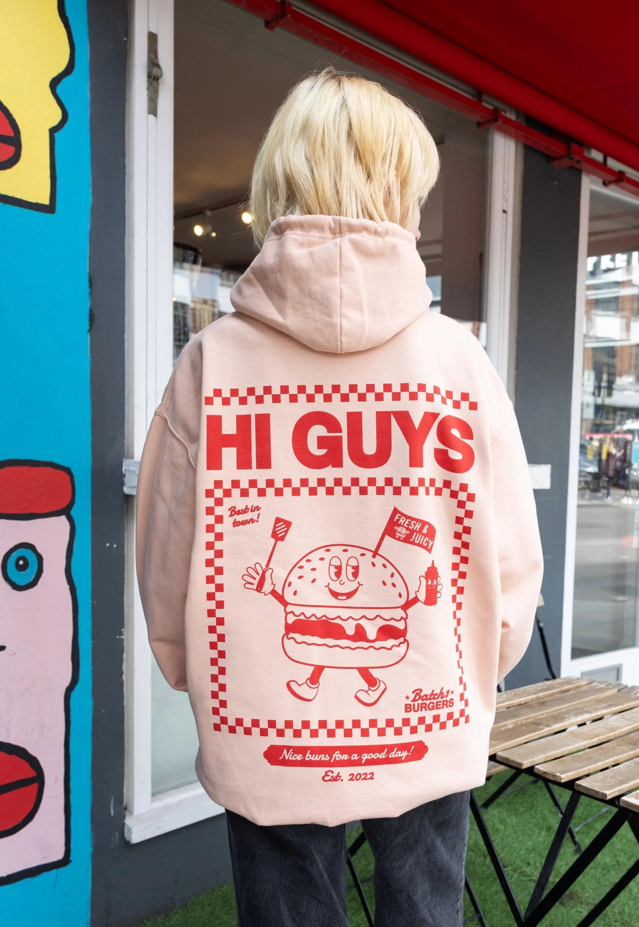 Hi Guys Peach Hoodie with Burger Graphic