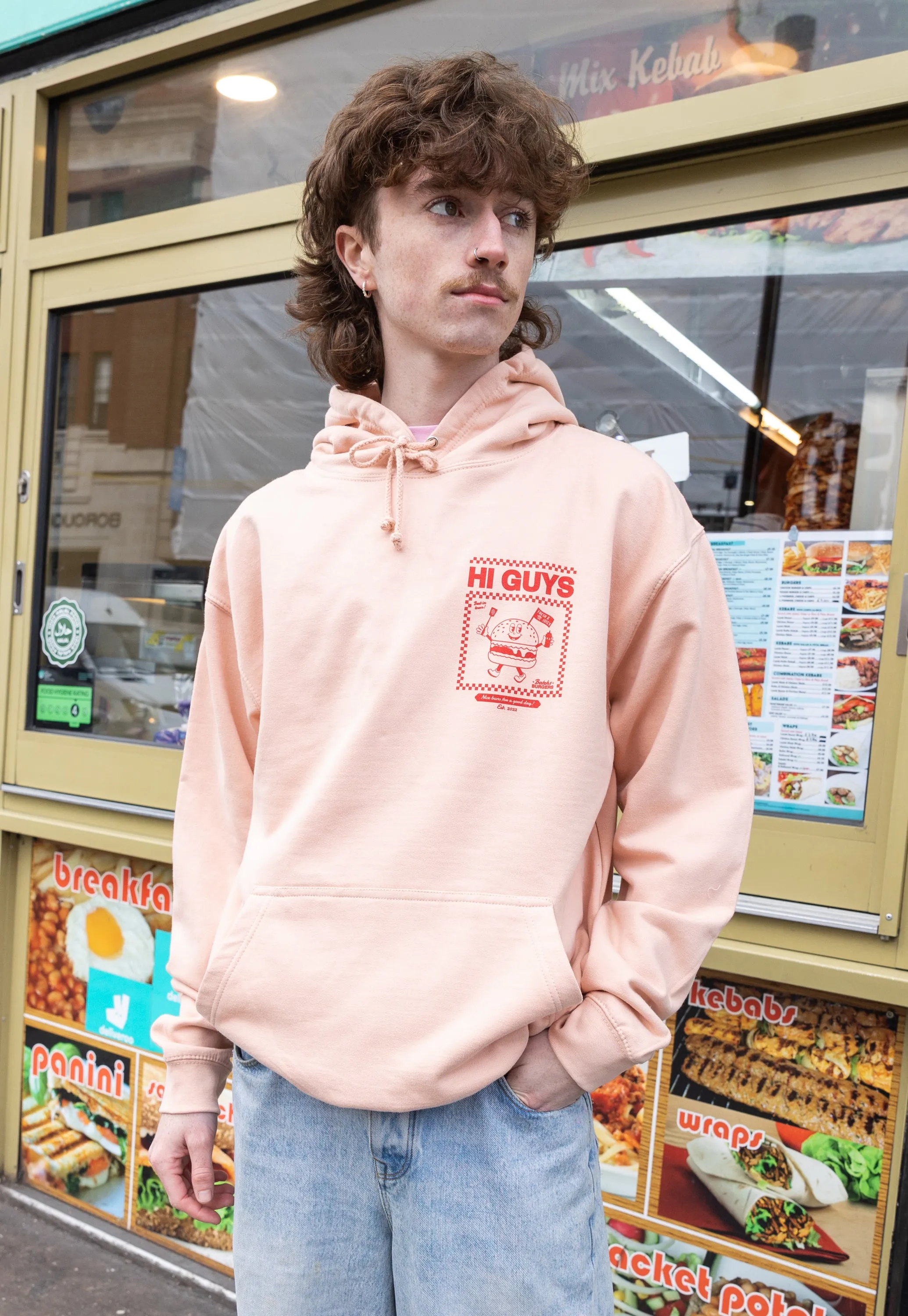 Hi Guys Peach Hoodie with Burger Graphic