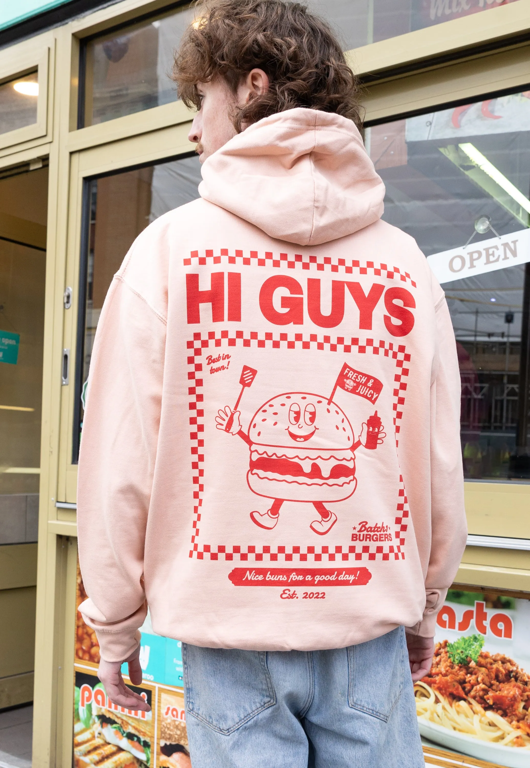 Hi Guys Peach Hoodie with Burger Graphic