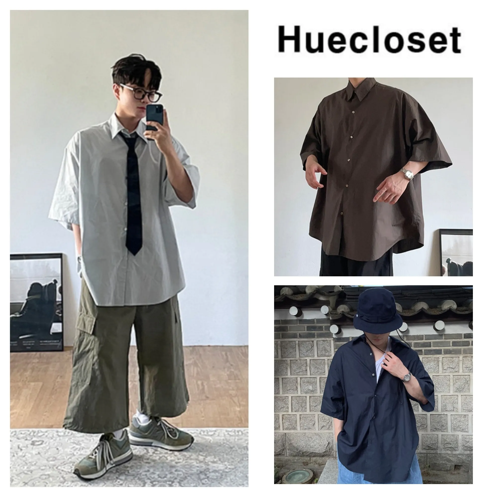 HUE  |Street Style Plain Cotton Short Sleeves Oversized Shirts