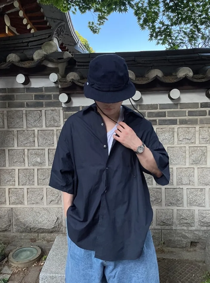 HUE  |Street Style Plain Cotton Short Sleeves Oversized Shirts