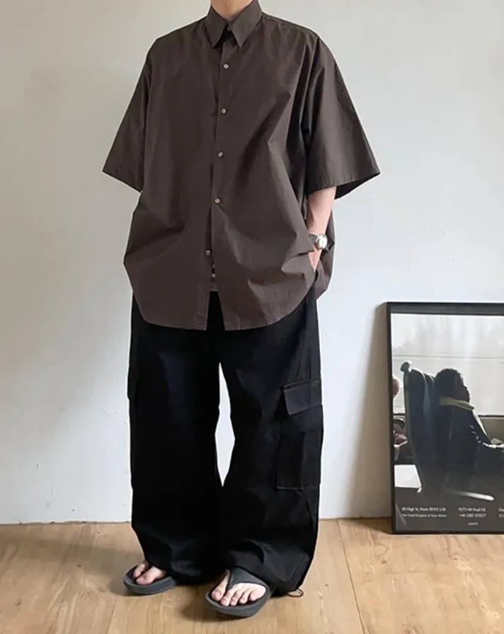 HUE  |Street Style Plain Cotton Short Sleeves Oversized Shirts