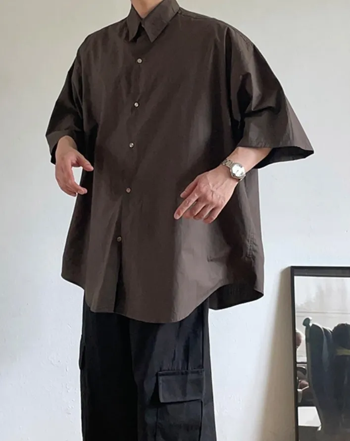 HUE  |Street Style Plain Cotton Short Sleeves Oversized Shirts