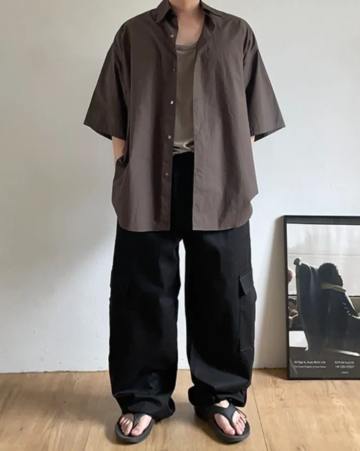 HUE  |Street Style Plain Cotton Short Sleeves Oversized Shirts