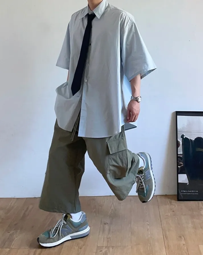 HUE  |Street Style Plain Cotton Short Sleeves Oversized Shirts