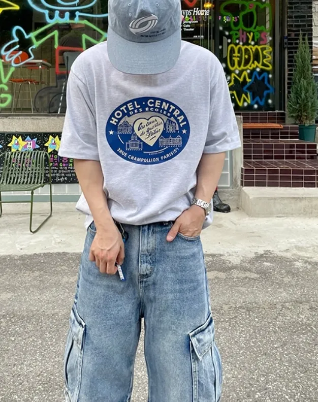 HUE  |Street Style Plain Short Sleeves Oversized Logo T-Shirts