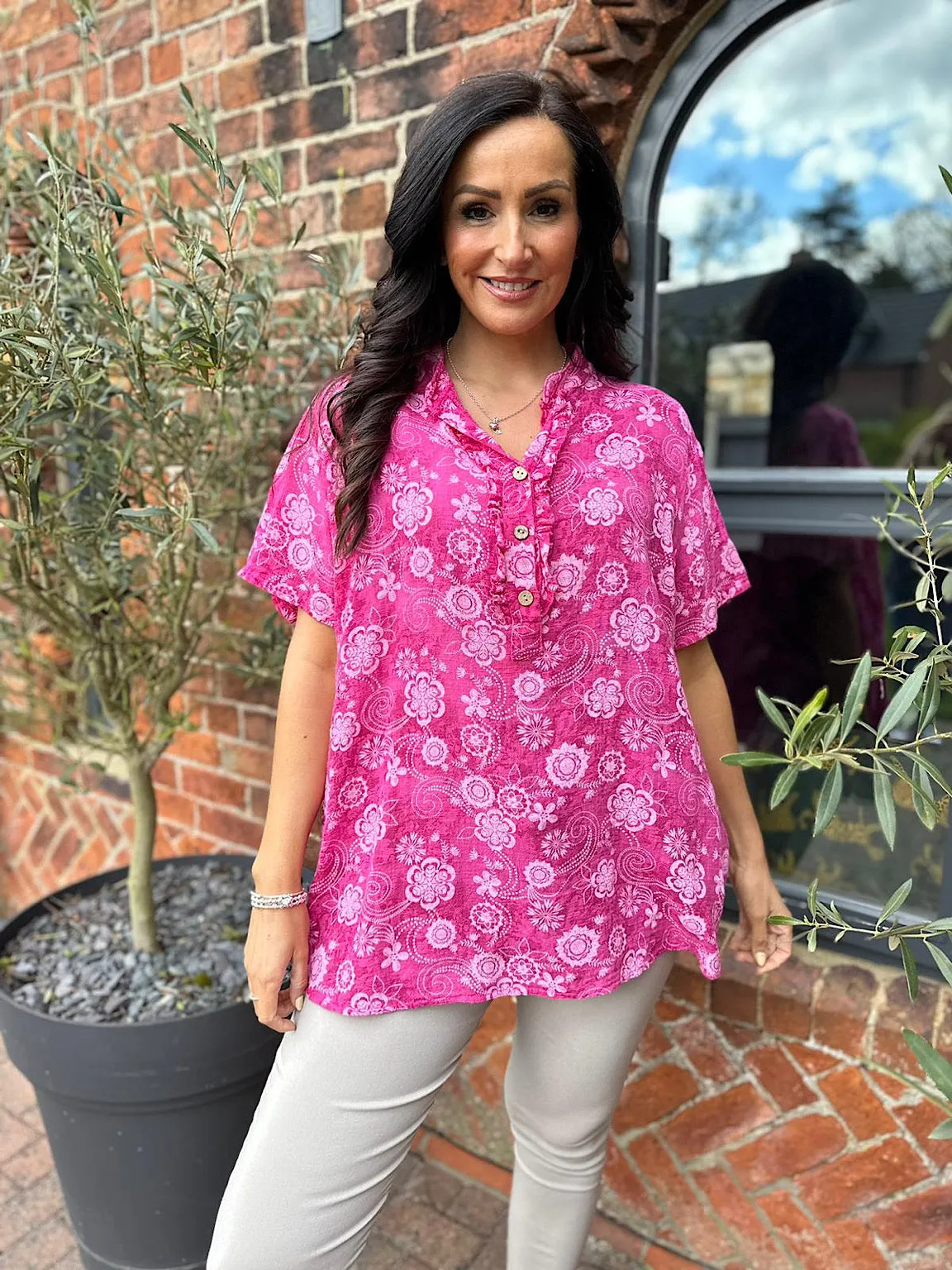 Lipstick Pink Floral Patterned Frill Button Top Lisa