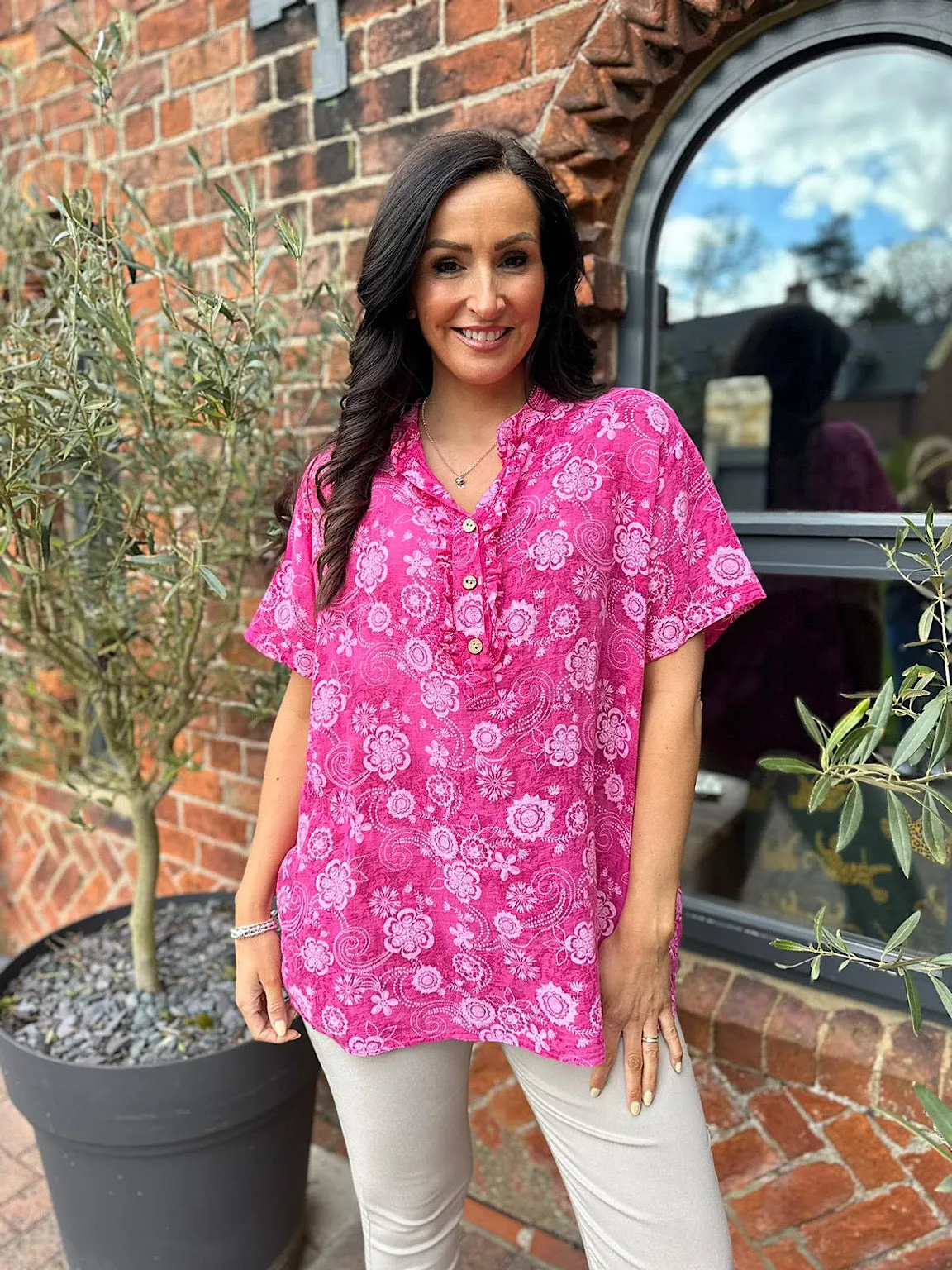 Lipstick Pink Floral Patterned Frill Button Top Lisa