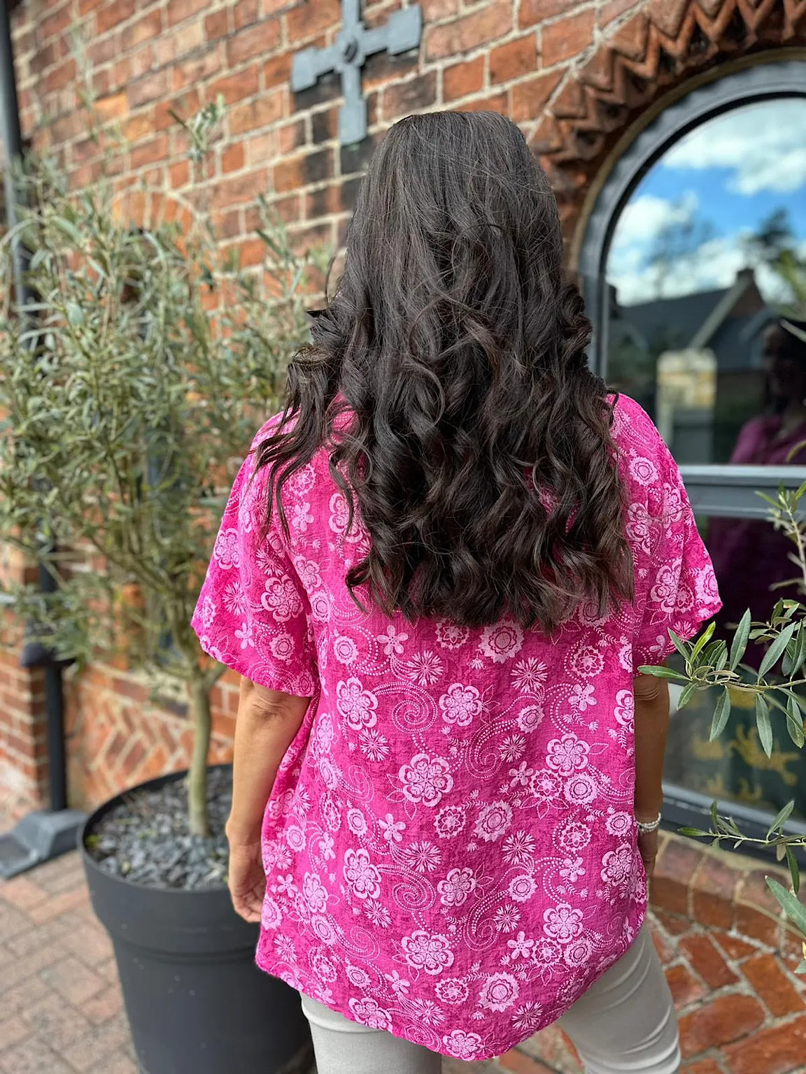 Lipstick Pink Floral Patterned Frill Button Top Lisa