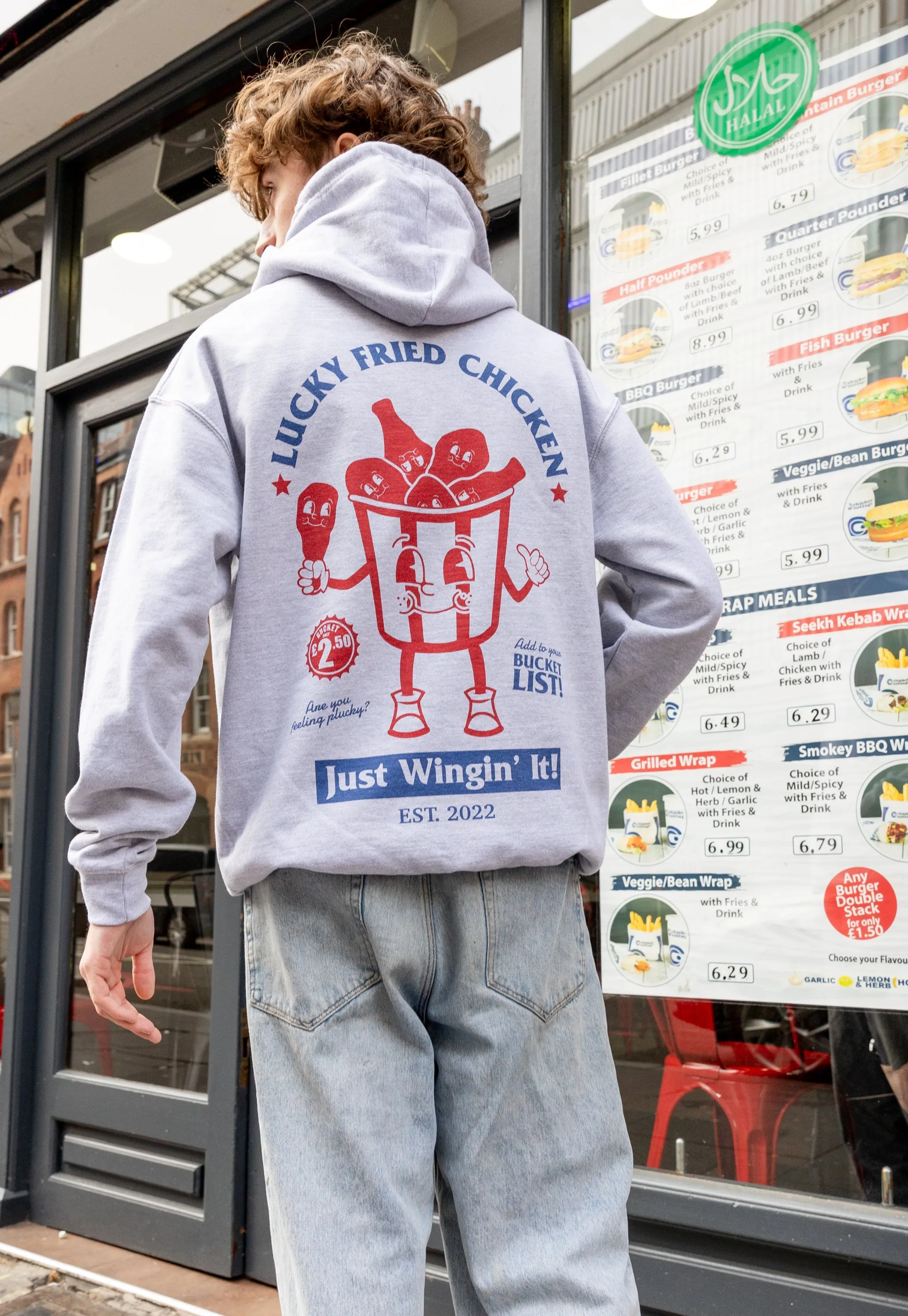 Lucky Fried Chicken Graphic Hoodie In Grey