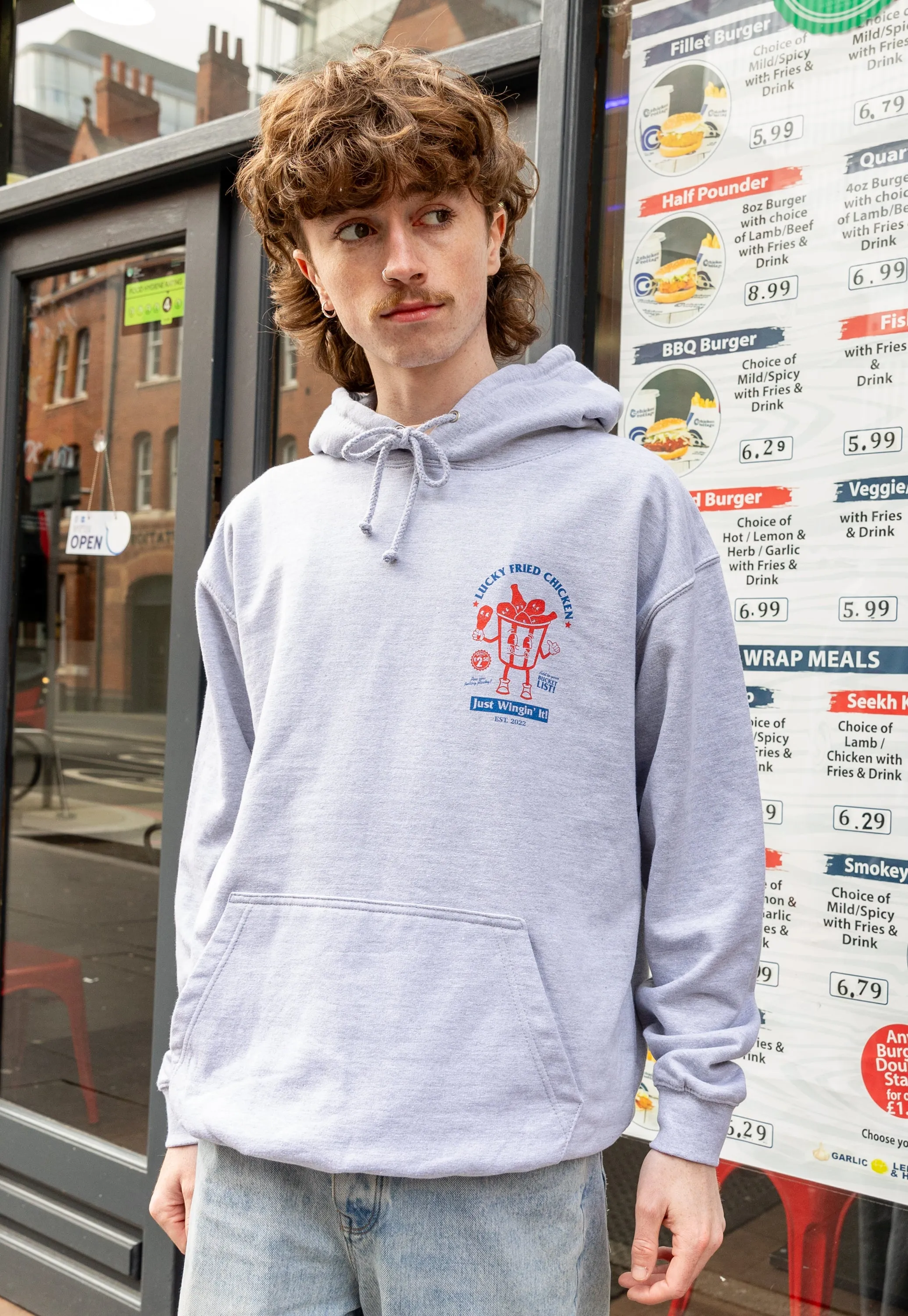 Lucky Fried Chicken Graphic Hoodie In Grey