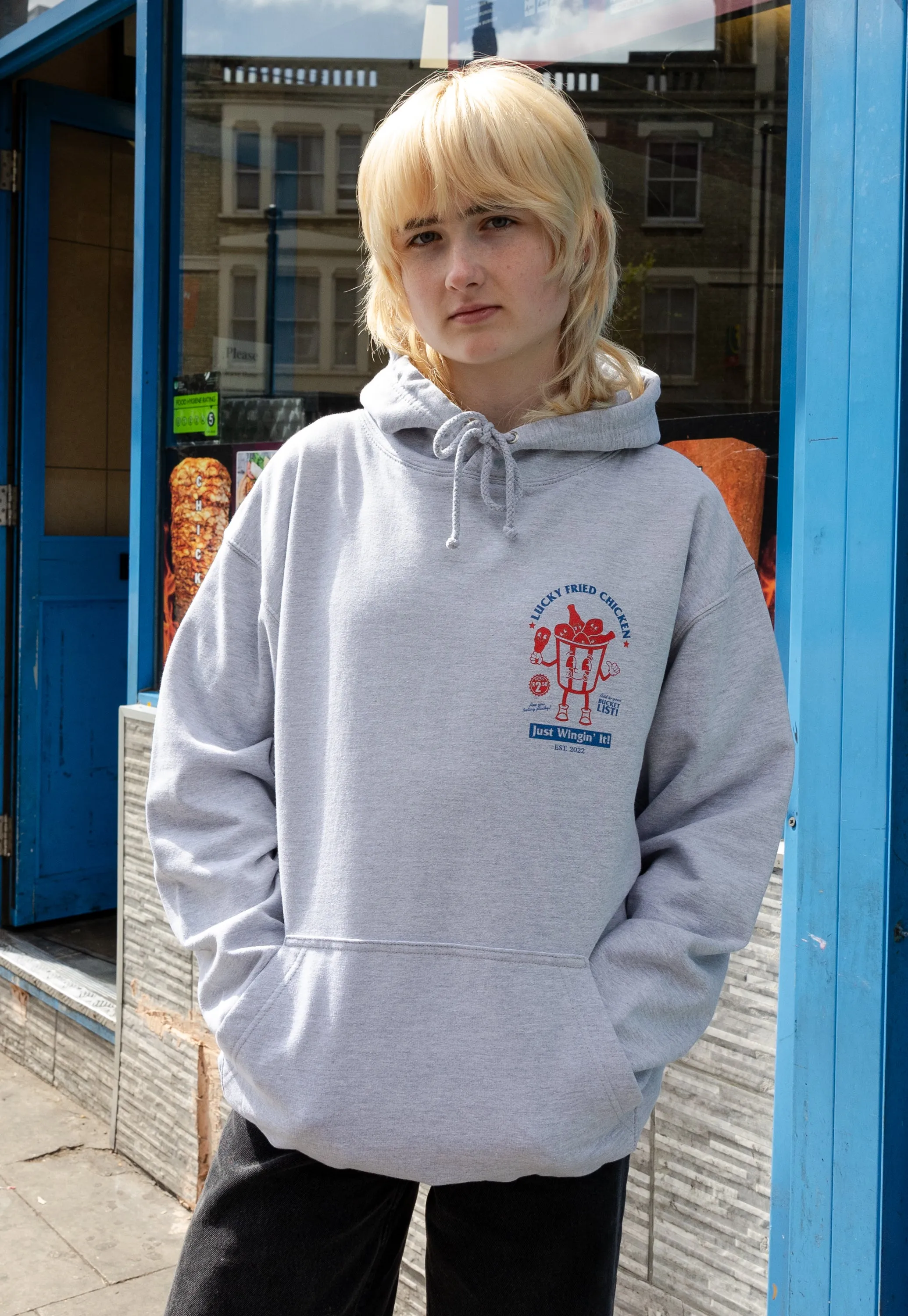 Lucky Fried Chicken Graphic Hoodie In Grey