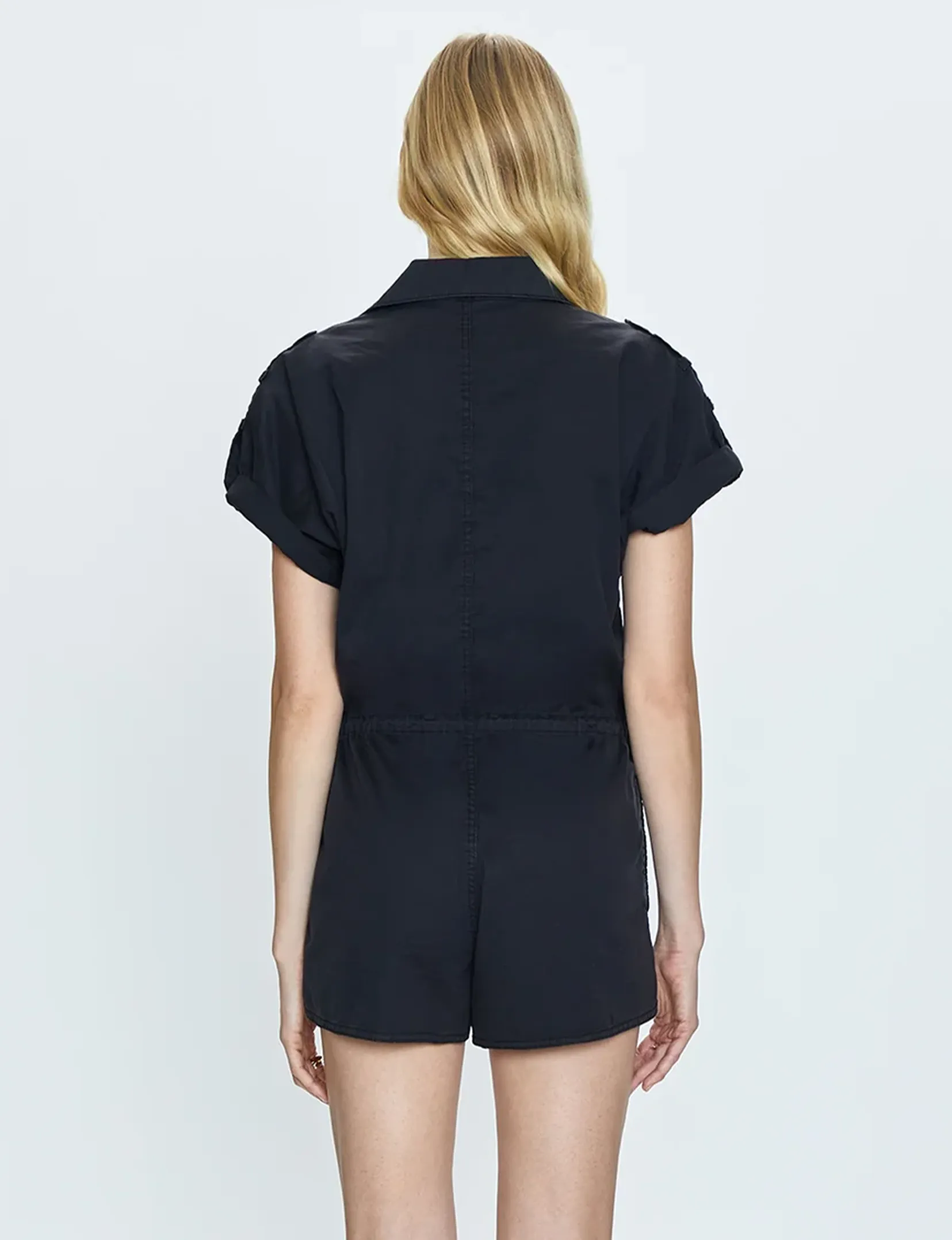 Meg Short Sleeve Zip Up Romper, Fade to Black