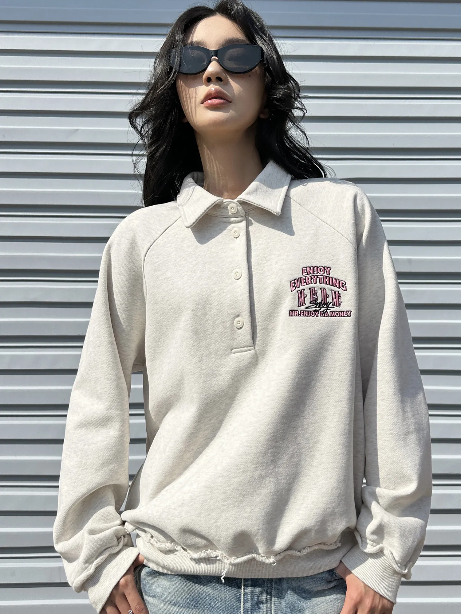 MR. ENJOY DA MONEY  |Unisex Street Style Long Sleeves Oversized Logo Polos