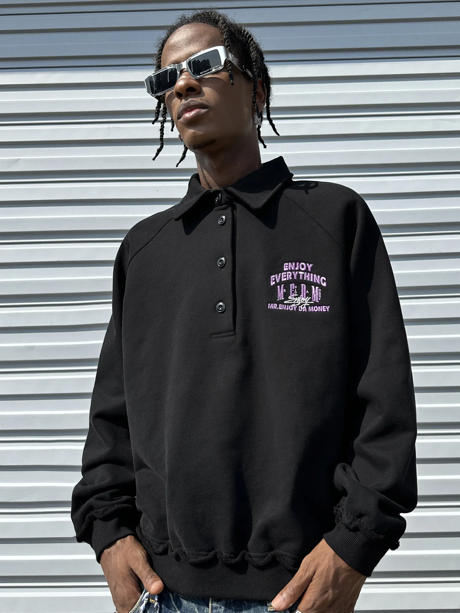 MR. ENJOY DA MONEY  |Unisex Street Style Long Sleeves Oversized Logo Polos