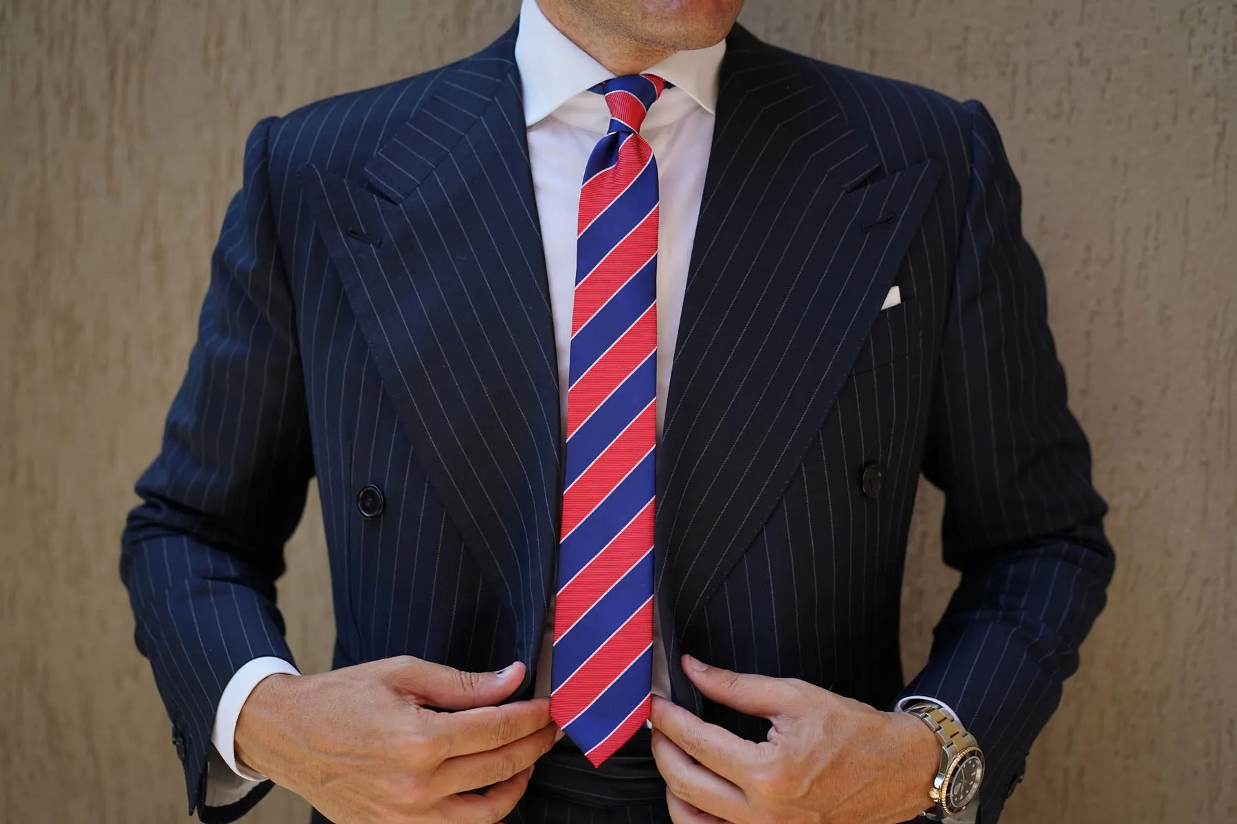 Navy Blue White and Red Diagonal - Skinny Tie