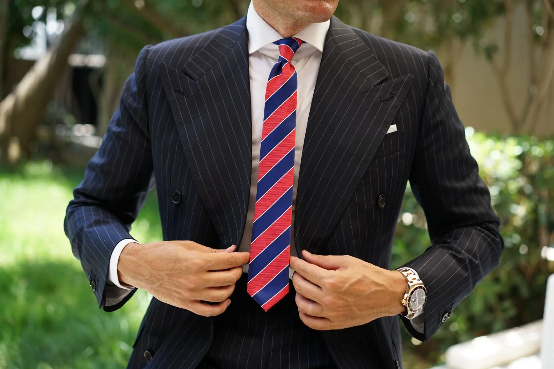 Navy Blue White and Red Diagonal - Skinny Tie