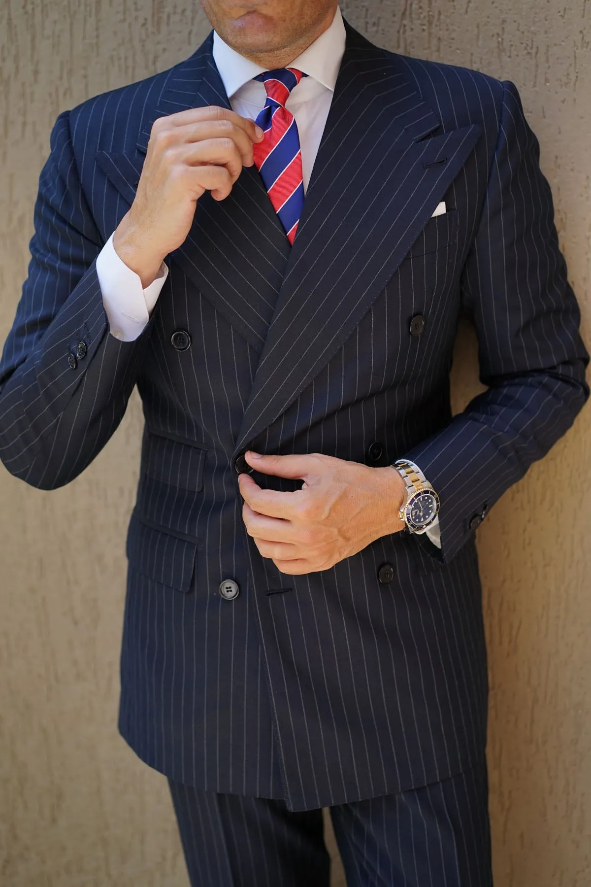 Navy Blue White and Red Diagonal - Skinny Tie