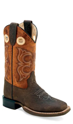 Old West Youth Unisex Square Toe Dark Brown/Burnt Mustard Leather Cowboy Boots