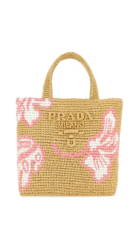 Palm Motif Raffia Tote Bag - Natural/Alabaster Pink