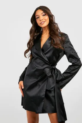 Pearl Detail Satin Wrap Blazer Dress