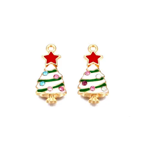 Pendants, Christmas Tree, Single-Sided, Green, White, Red, Enameled, With Rhinestones, Light Gold Alloy, 23mm