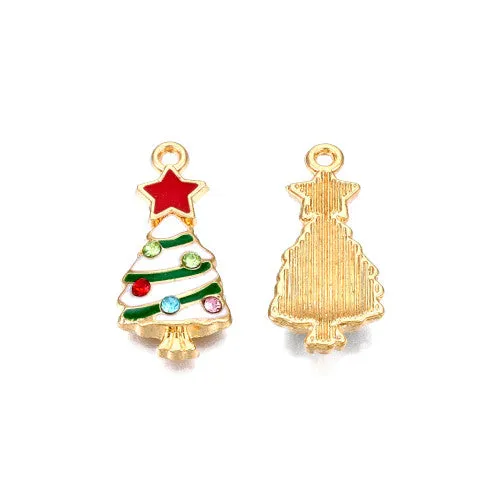 Pendants, Christmas Tree, Single-Sided, Green, White, Red, Enameled, With Rhinestones, Light Gold Alloy, 23mm