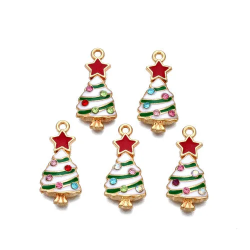 Pendants, Christmas Tree, Single-Sided, Green, White, Red, Enameled, With Rhinestones, Light Gold Alloy, 23mm