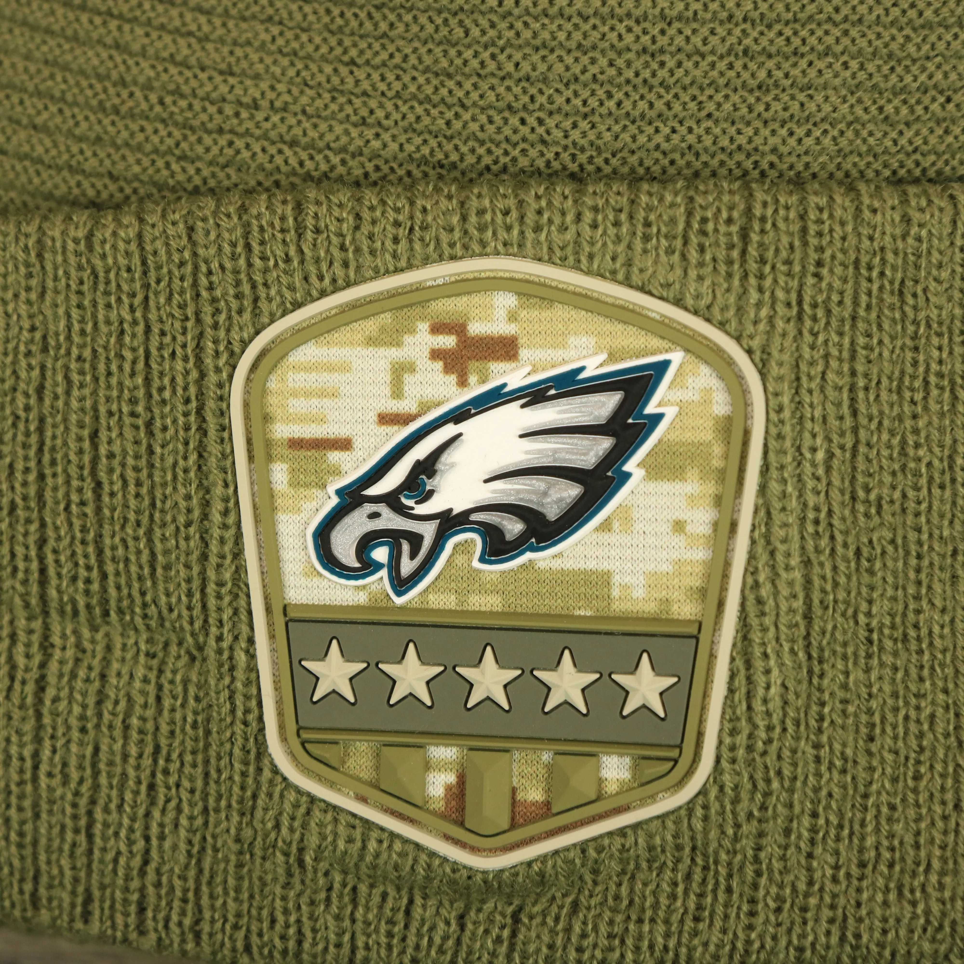 Philadelphia Eagles Salute To Service Ribbon Rubber Military Eagles Patch On Field NFL Beanie | Military Green Beanie