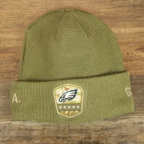 Philadelphia Eagles Salute To Service Ribbon Rubber Military Eagles Patch On Field NFL Beanie | Military Green Beanie